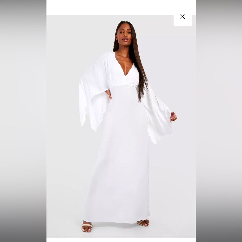 BOOHOO Plunge wide sleeve maxi dress in ivory.